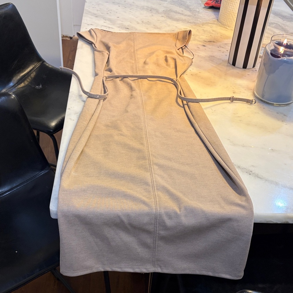 H&M Neutral Beige Sleeveless Midi Dress with Waist Tie